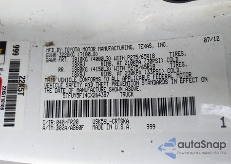 2012 Toyota Tundra Grade 5.7L V8 z USA, uszkodzony, nr VIN 5TFUY5F14CX264387
